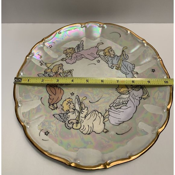 Iridescent White Plate Angels Musical Instruments Gold Trim Artist Signed - Picture 6 of 11